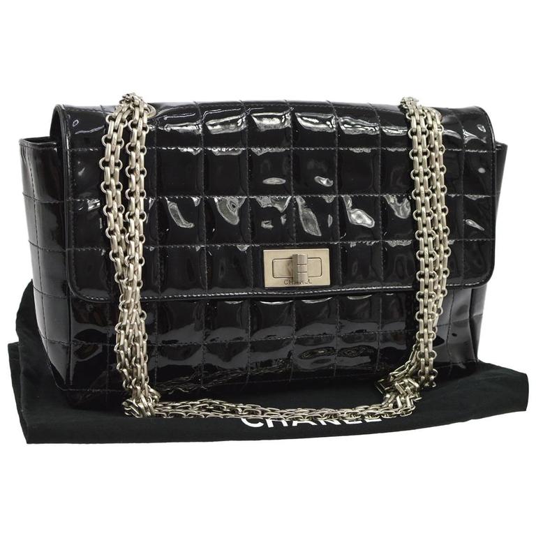 Chanel 2.55 Black Patent Leather Quilted Silver Chain Evening Shoulder Flap Bag at 1stdibs