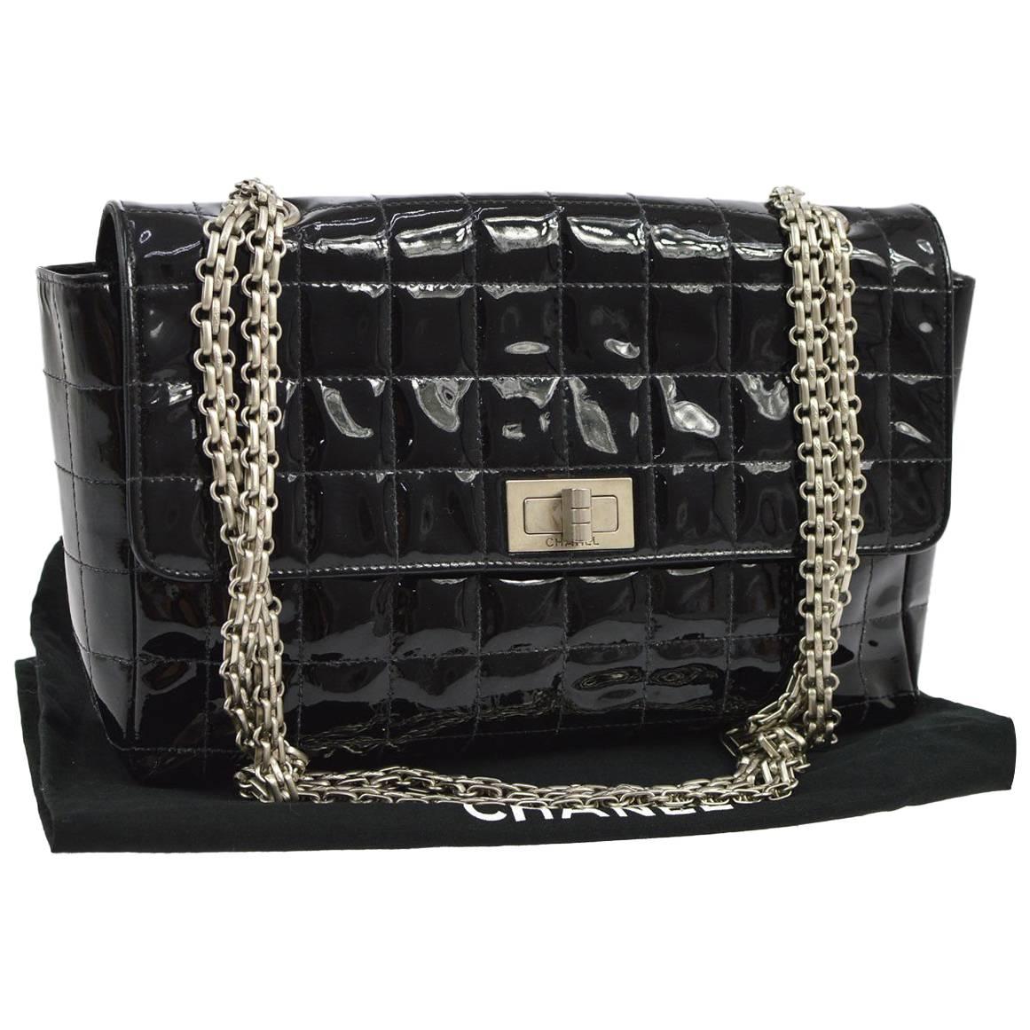 Chanel 2.55 Black Patent Leather Quilted Silver Chain Evening Shoulder Flap Bag