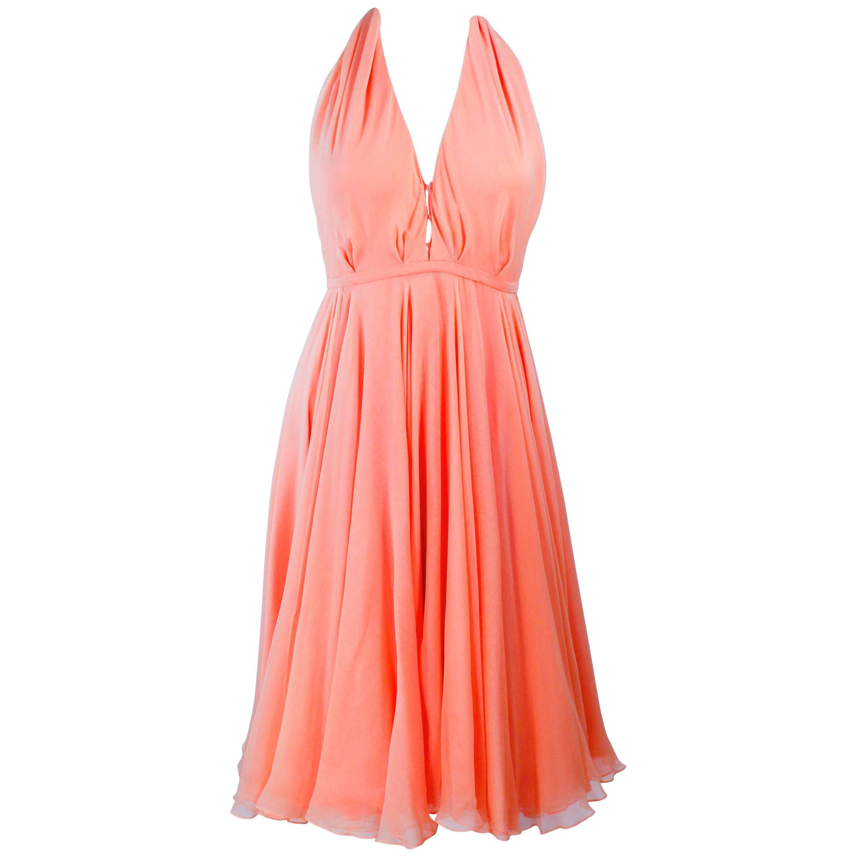 HALSTON 1970's Peach Layered Silk Chiffon Cocktail Dress Size 2 4