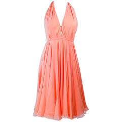 Vintage HALSTON 1970's Peach Layered Silk Chiffon Cocktail Dress Size 2 4