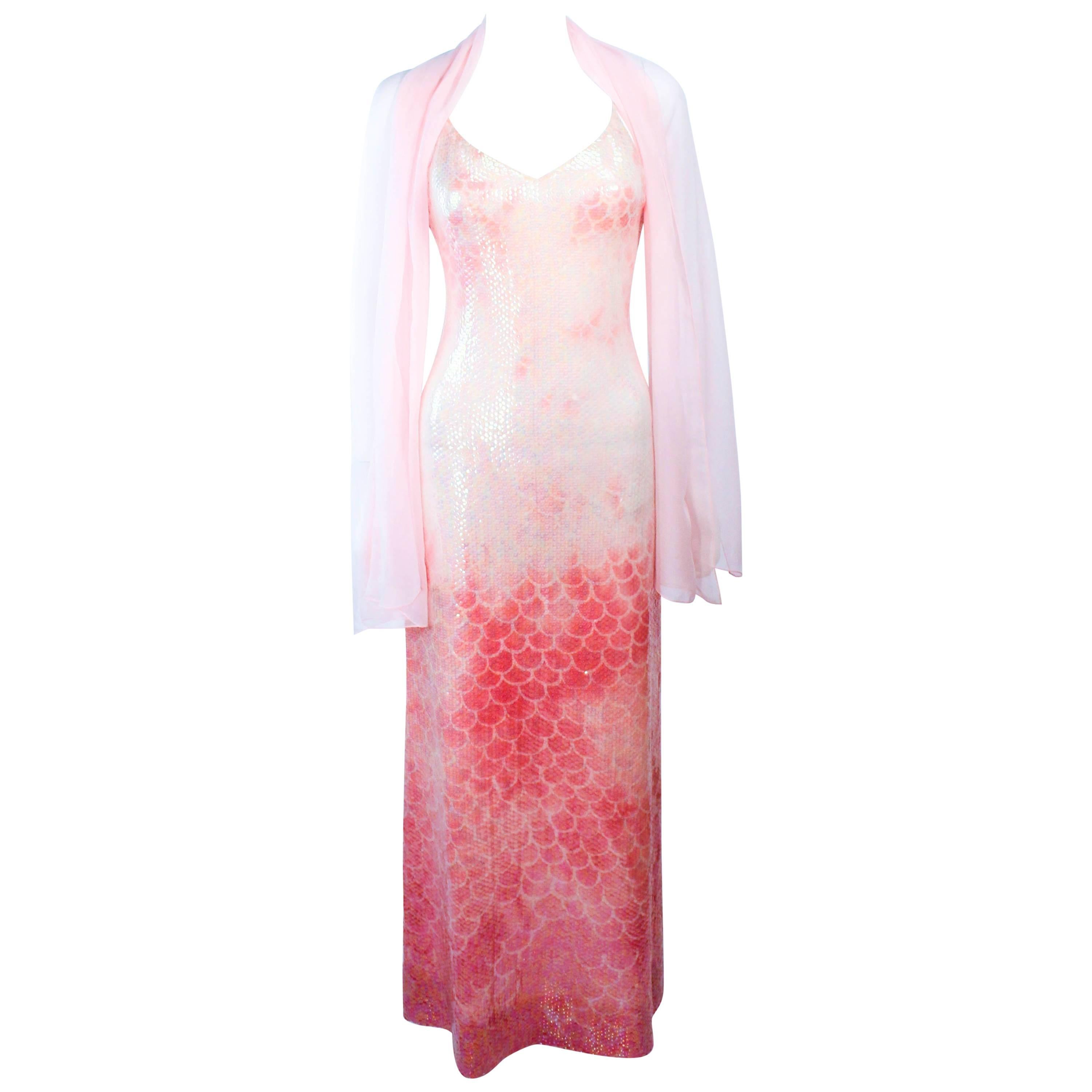 HALSTON 1970'S Sequin Peach Patterned Gown with Wrap Size 2 4