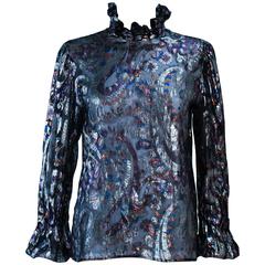 CHARLES JOURDAN Sheer Black Metallic Lame Ruffle Blouse Size 38