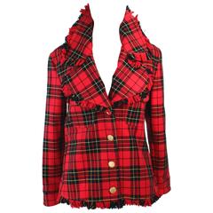 MOSCHINO Red Scotch Plaid Jacket with Fringe Detail Size 44