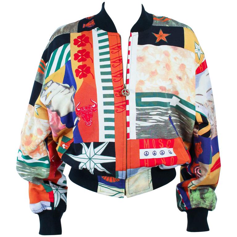 MOSCHINO Bomber Peace Zipper Abstract Art Print Size 44 at 1stDibs