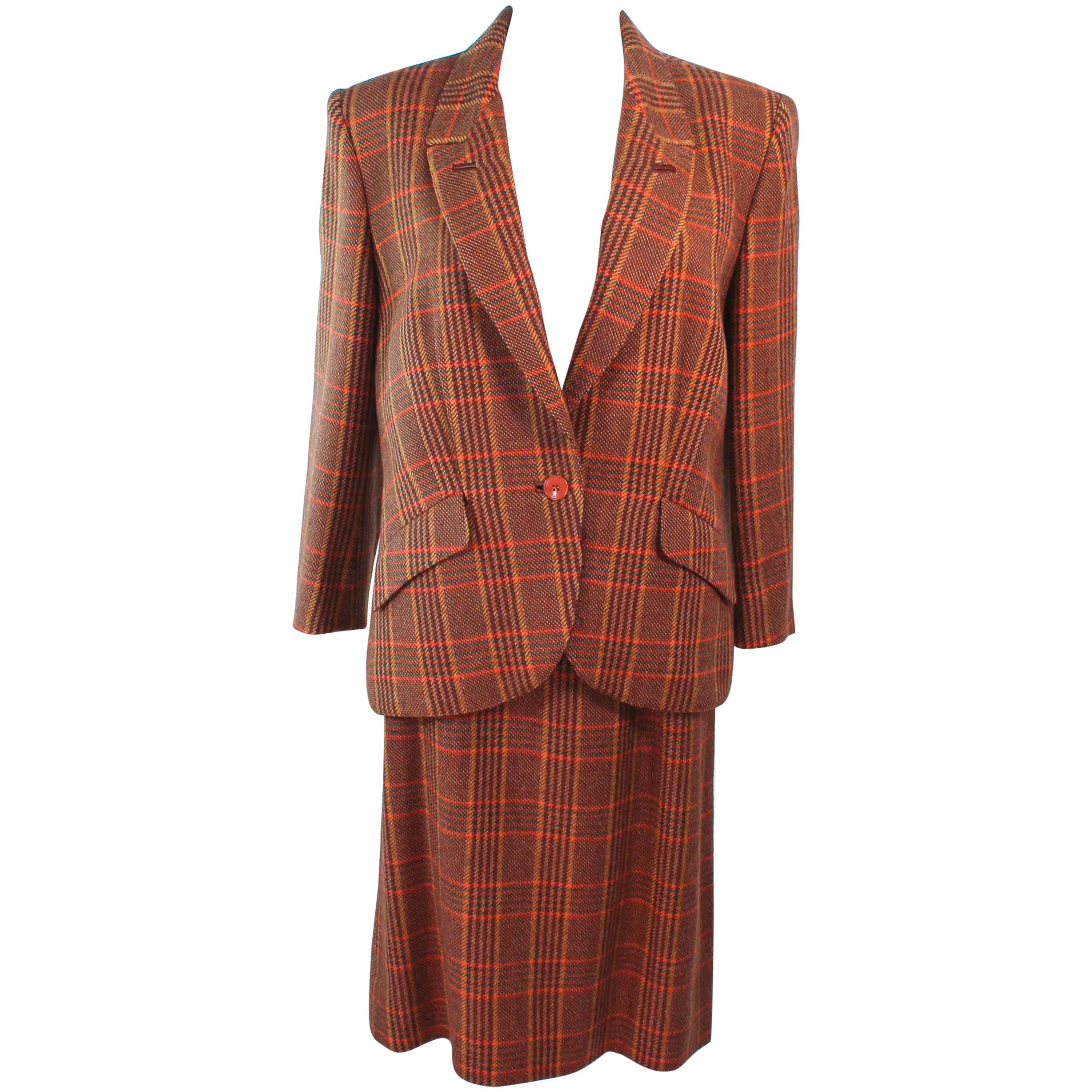 HERMES Brown Plaid Skirt Suit Size 46 For Sale