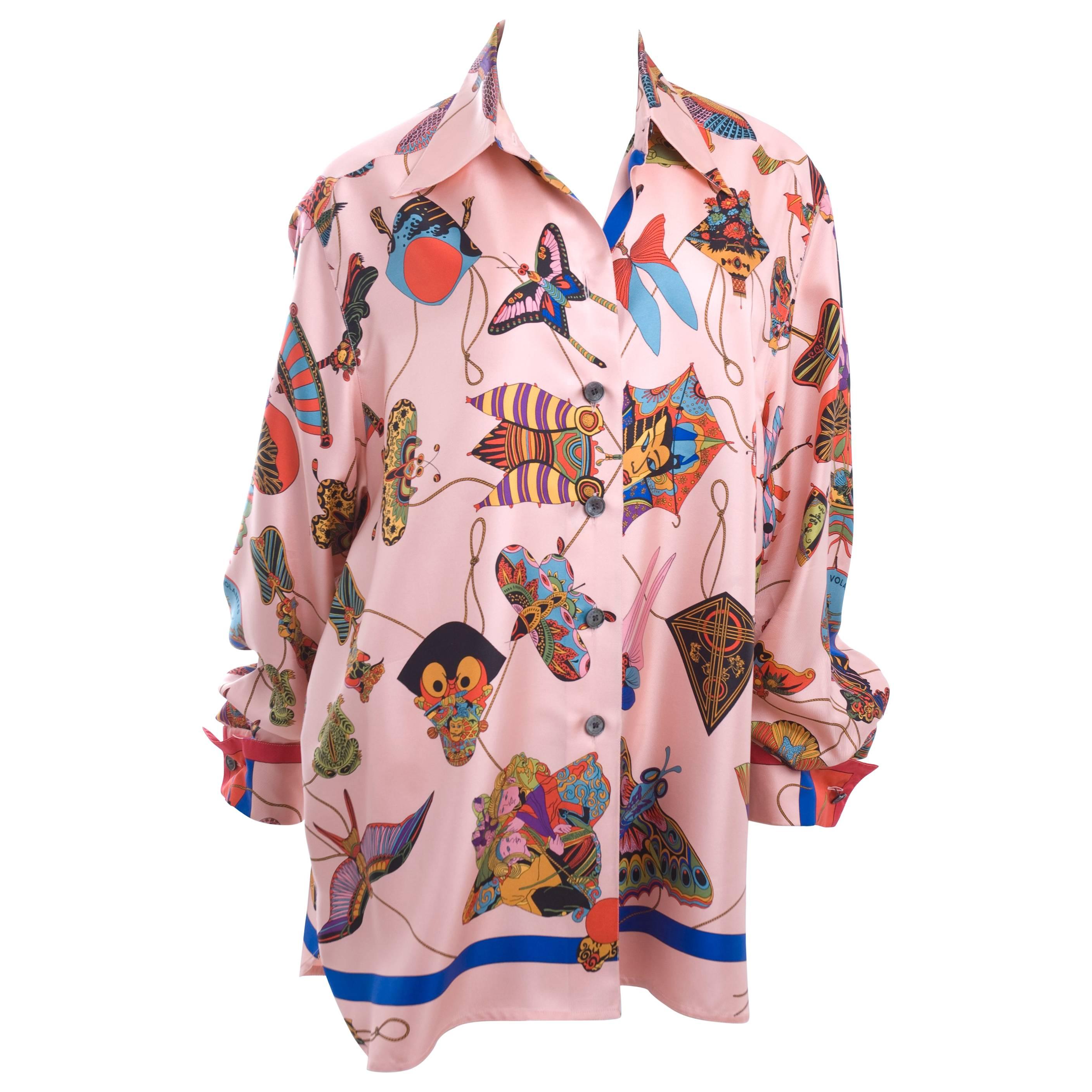 Hermes Pink Silk Blouse " Soies Volantes"or Chinese Kites Print in Amazing Color For Sale