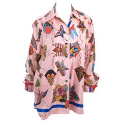 Hermes Pink Silk Blouse " Soies Volantes"or Chinese Kites Print in Amazing Color
