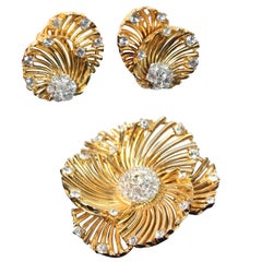 BOUCHER Gold Tone Earrings and Brooch Set with Rhinestones