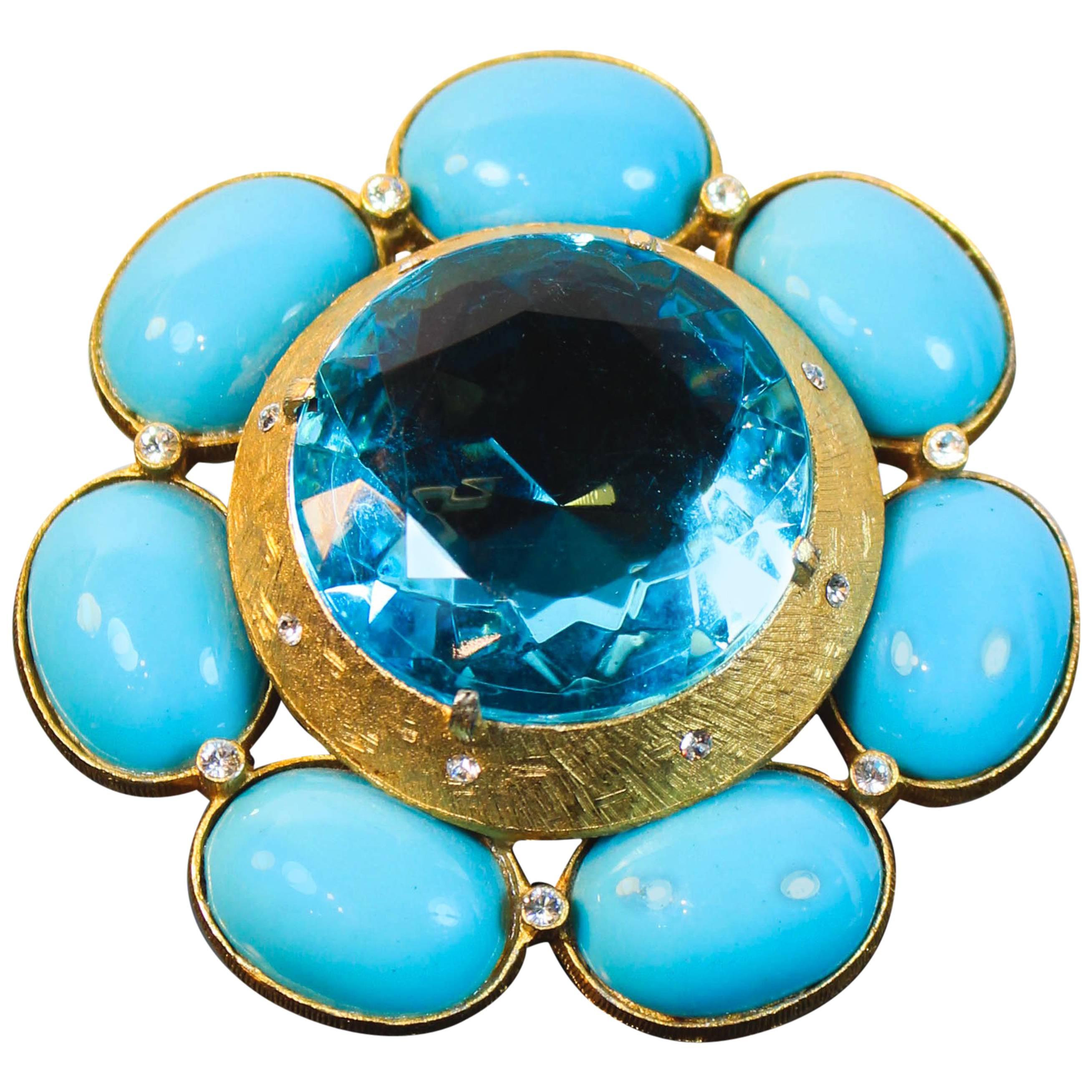 Briana Turquoise and Gold Hue Brooch with Rhinestones