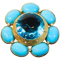 Briana Turquoise and Gold Hue Brooch with Rhinestones 1
