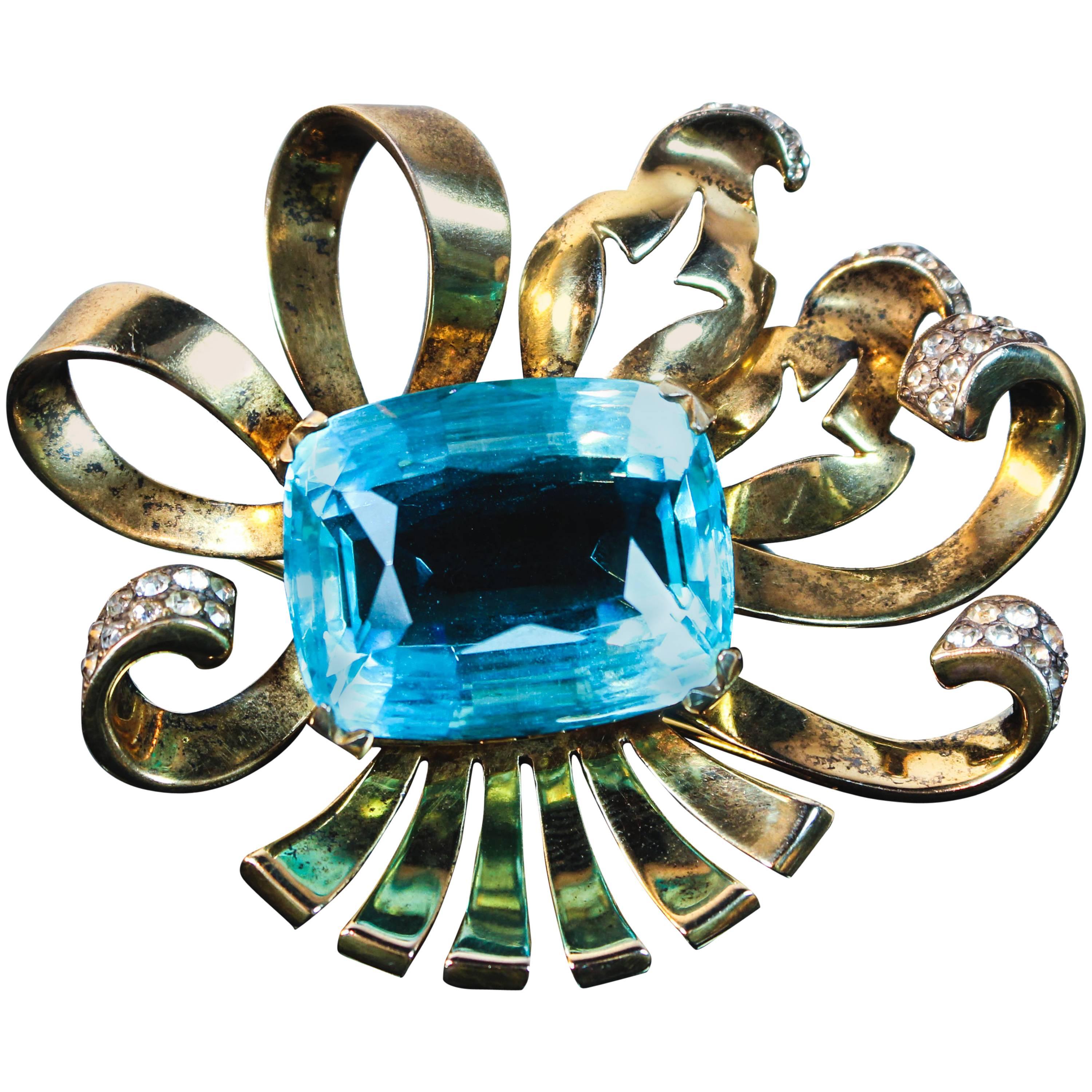 Sterling Brooch with Aqua Rhinestone