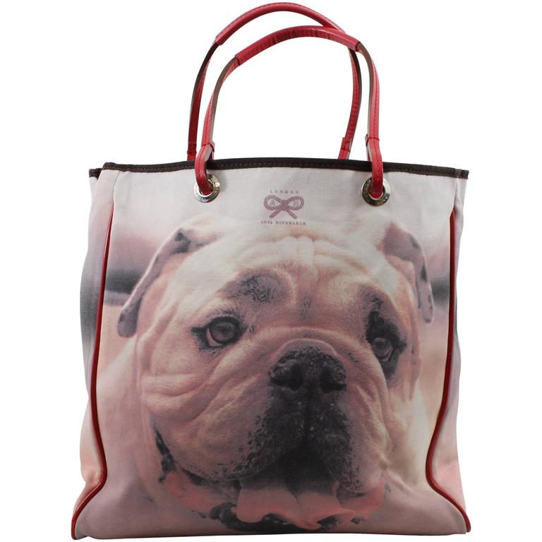 Anya Hindmarch Puppy Dog Tote Bag in canvas and Red Patented Leather at