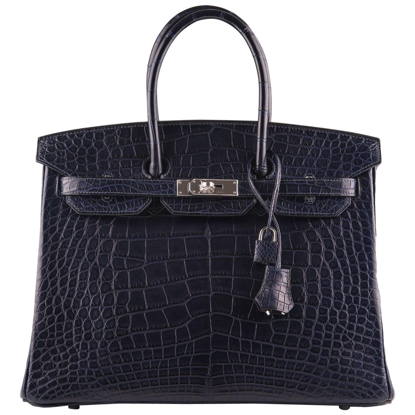 Hermes Blue Marine Matte Alligator Birkin 35cm Palladium Hardware For Sale