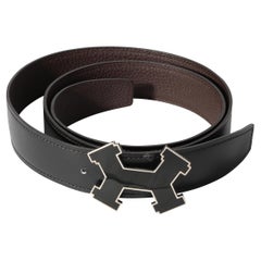 Hermès Black Box Calf & Chocolat Togo Street H Reversible Belt 100 Enamel PHW