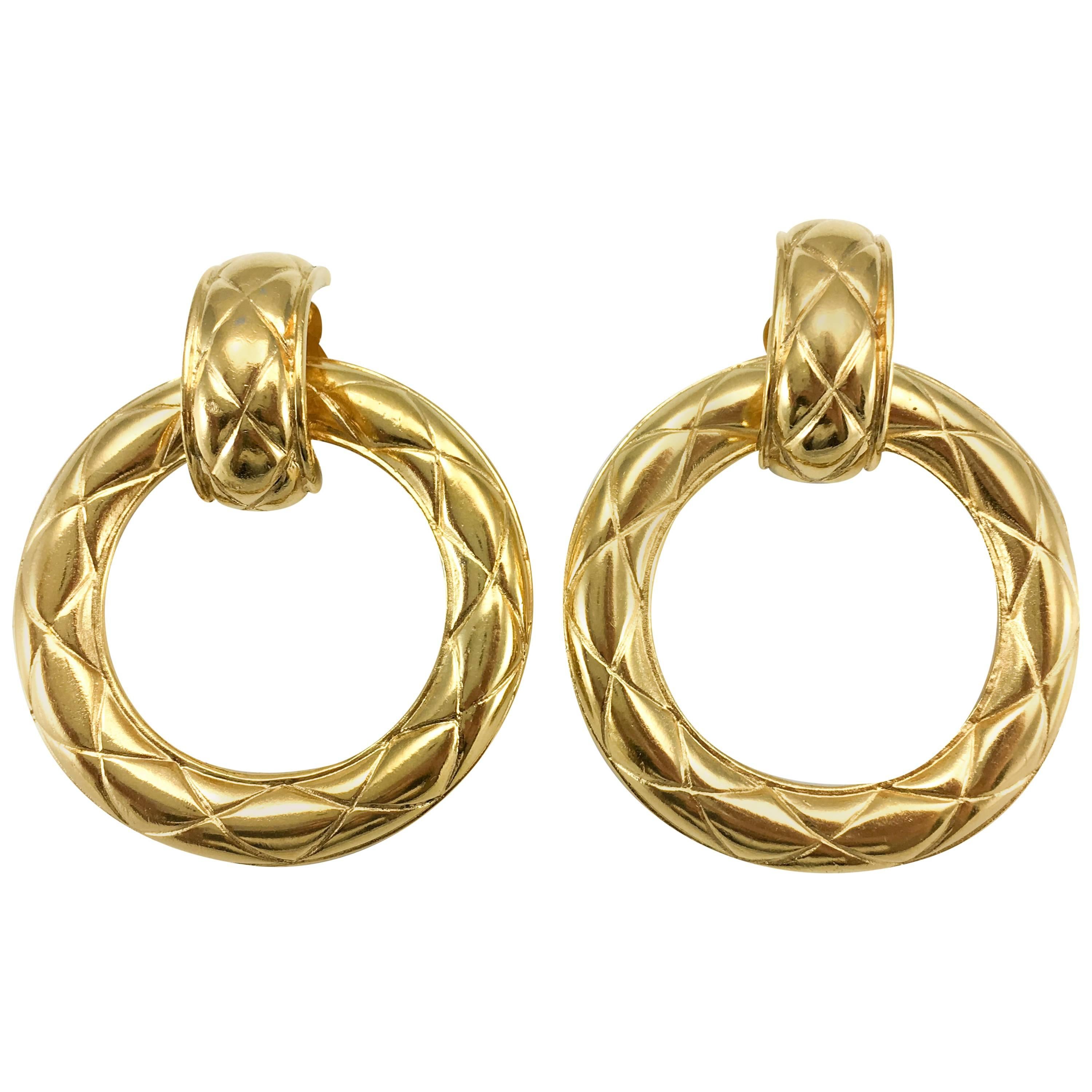 1980's Chanel Large Quilted Gold-Plated Hoop Earrings