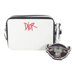 Dior x Shawn Stussy White Grained Calfskin Double Zip Crossbody Pouch