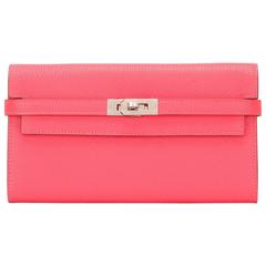 Hermes Rose Lipstick Palladium Hardware Chevre Kelly Long Wallet