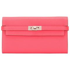 Hermes Rose Lipstick Palladium Hardware Chevre Kelly Long Wallet 