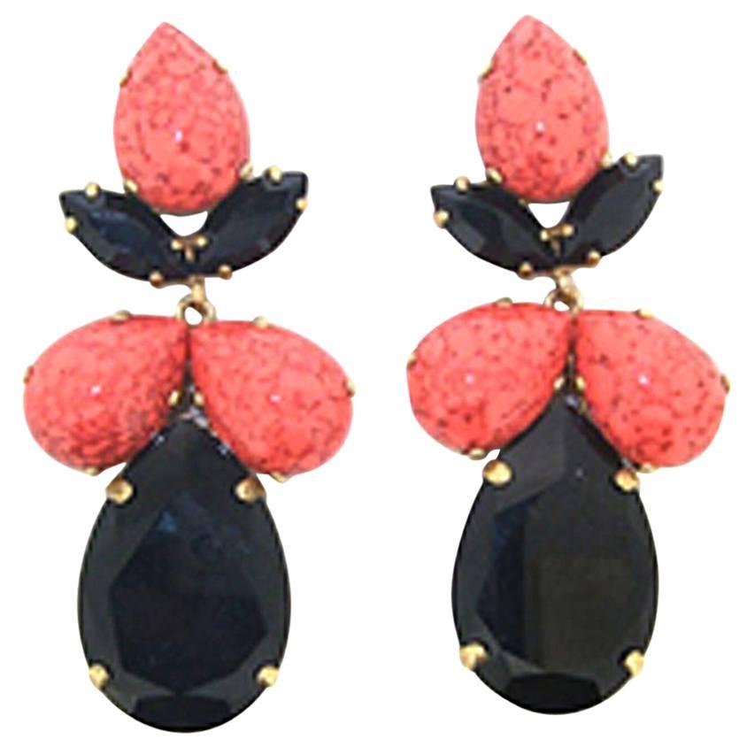 Coral and Black Crystal earrings by Frangos For Sale