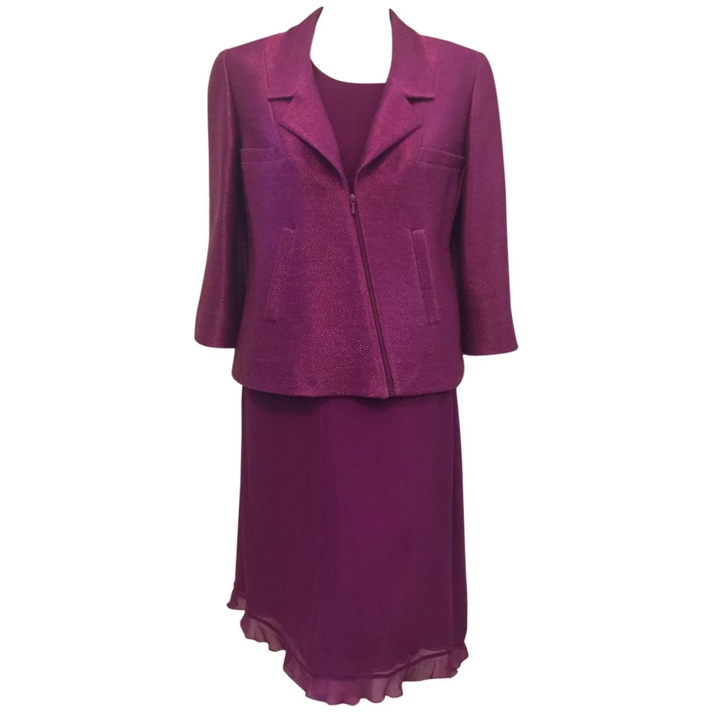 Chanel 2001 Spring Plum Ensemble W Raffia Jacket and Chiffon Skirt and Shell For Sale