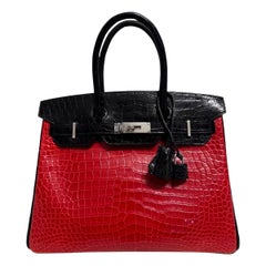Hermes Birkin 30 Special Order Black, Braise Red & Violet Porosus Crocodile