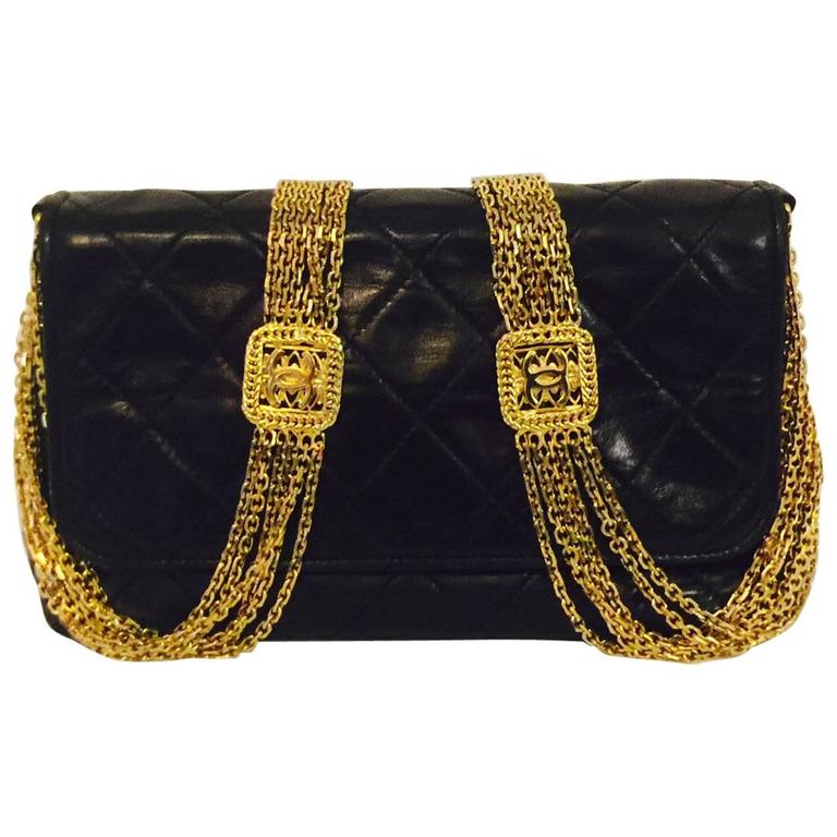 1980s Chanel Black Quilted Lambskin Flap Bag W Gold Tone Multi Chain Strap