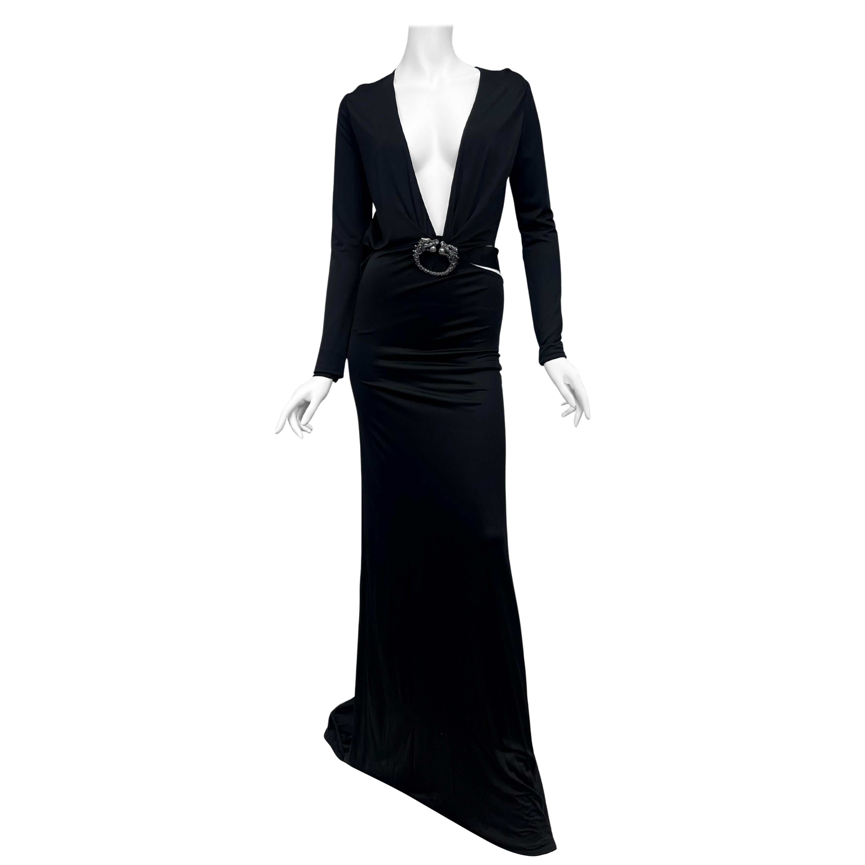Tom Ford for Gucci F/W 2004 Embellished Plunging Cutout Black Evening Gown For Sale