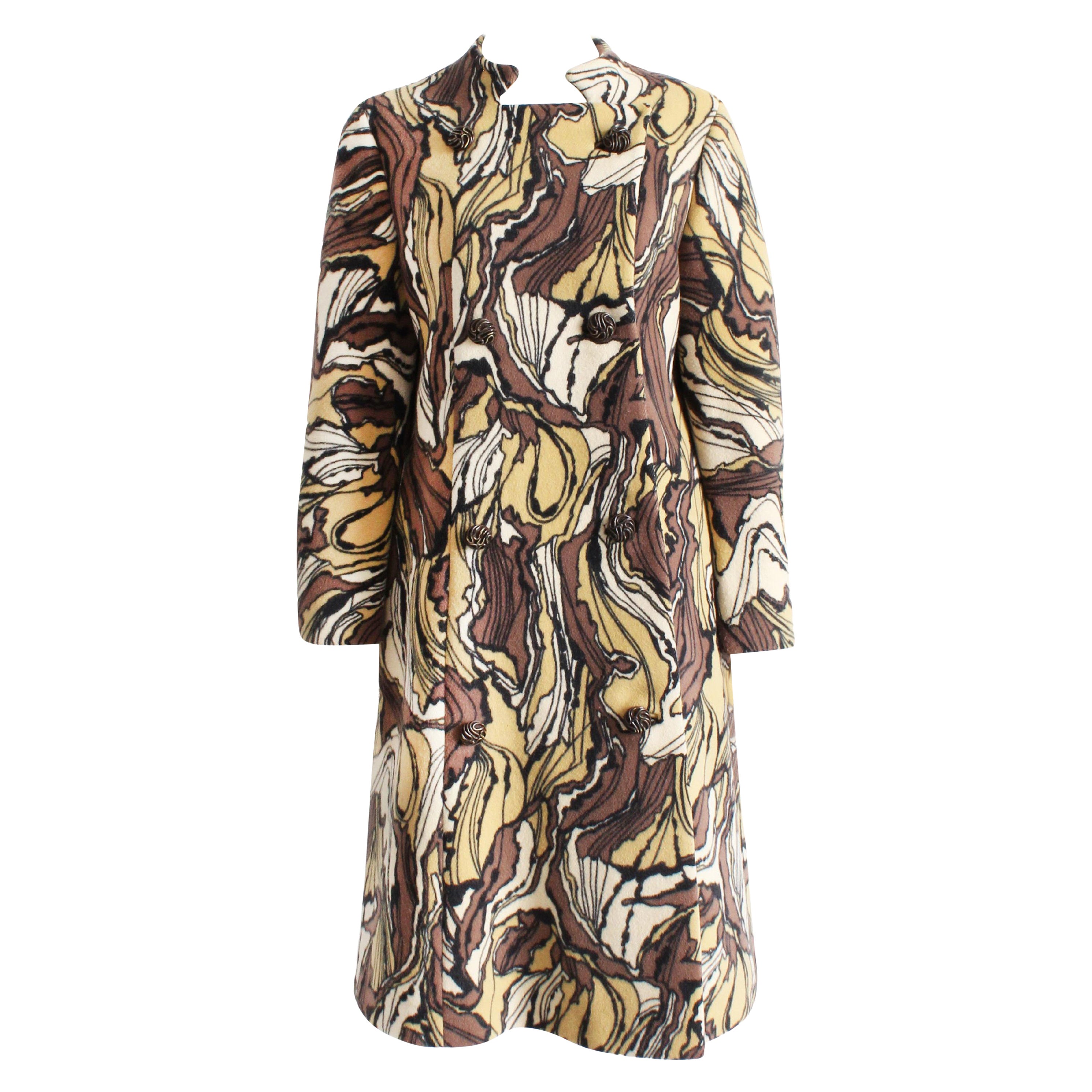 Burke-Amey Wool Coat Warp Print by Tzaims Luksus Mod Cut Out Collar Vintage 60s For Sale