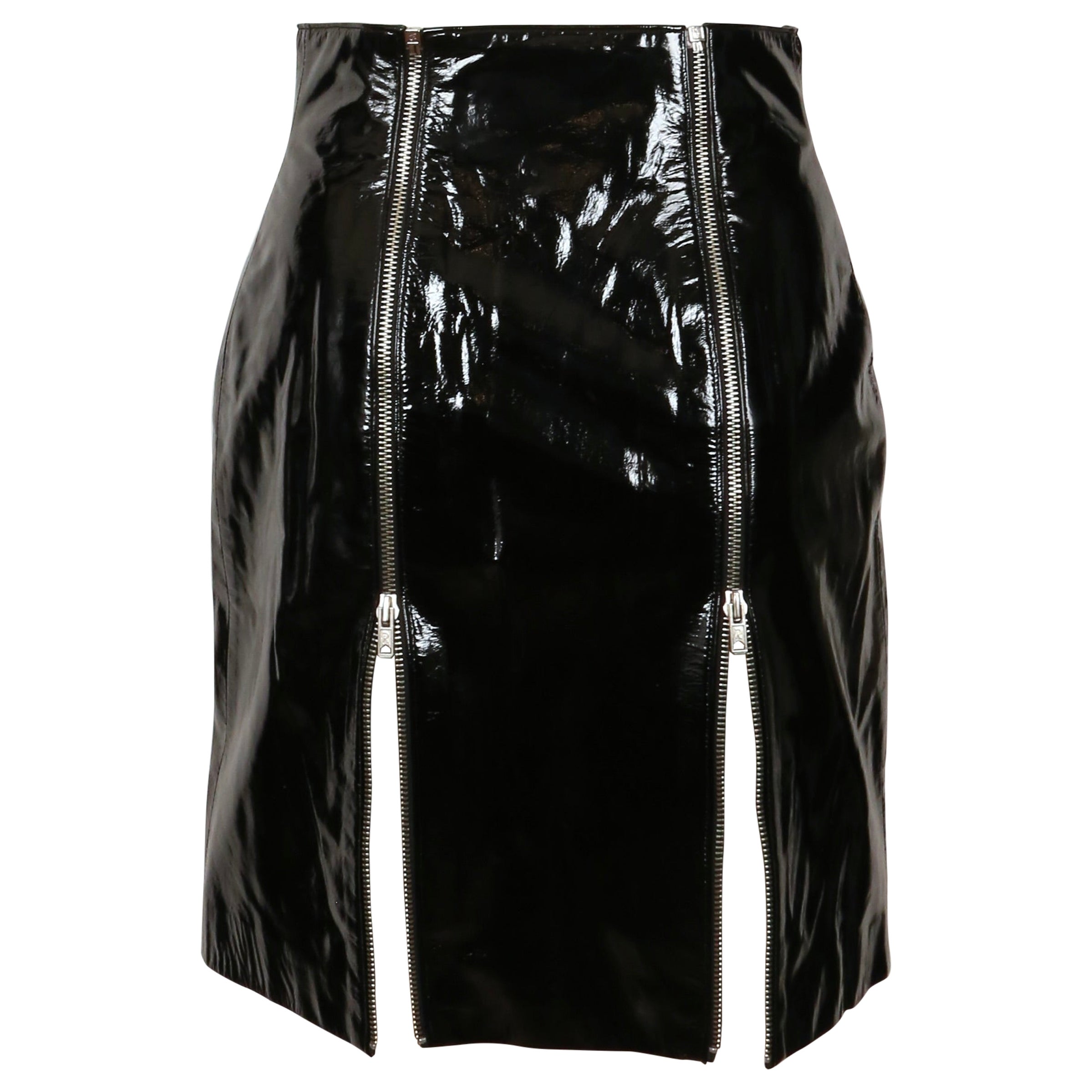 new 1988 AZZEDINE ALAIA black patent leather skirt with dual zippers For Sale