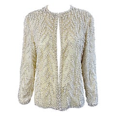 Victoria Royal anni '80 Taglia 12 Avorio Seta semi trasparente Perle Perline Giacca Vintage