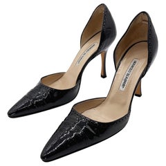 1990er Manolo Blahnik Spectator Vintage Heels aus schwarzem Lackleder, Größe 39 / 9