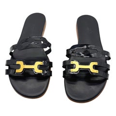 Hermes Size 40 /9 - 9.5 Black Patent Leather Gold 2000s Sandals Shoes Y2K Slides