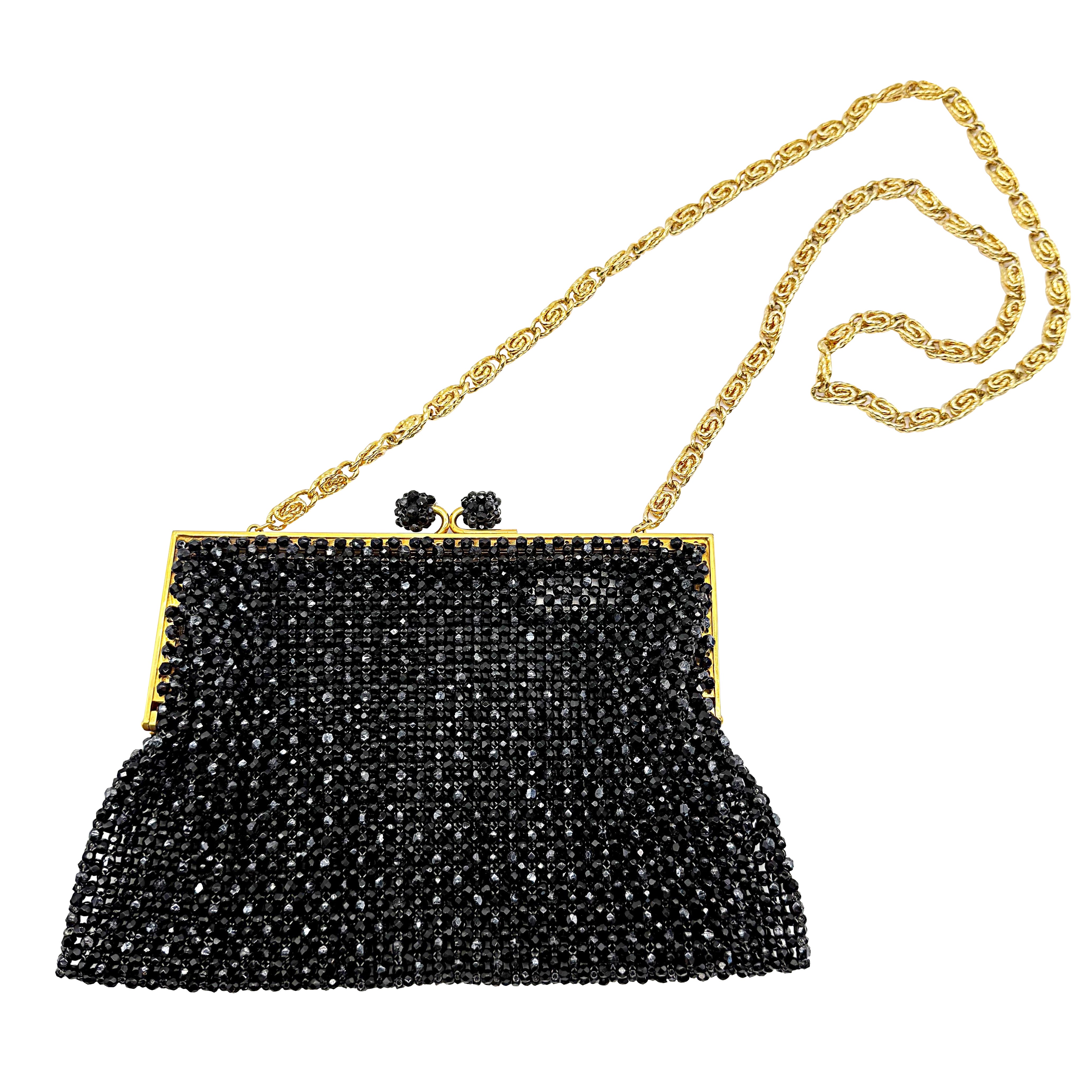 1960s Italian Black + Gold Beaded Vintage 60s Evening Bag Handbag Purse For Sale
