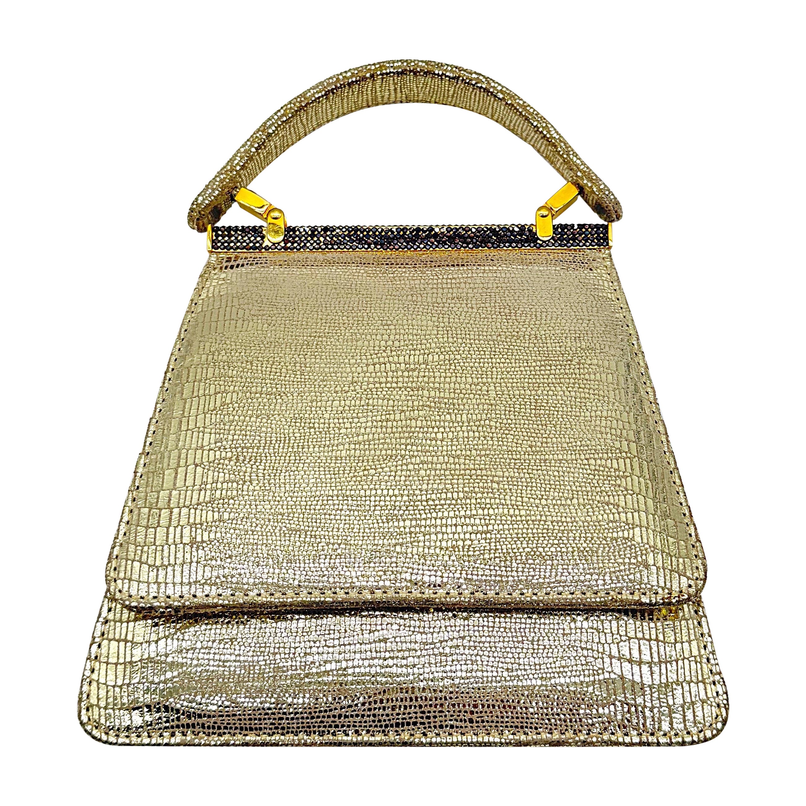 1980s does 1960s Gold Metallic Embossed Lizard Rhinestone Eveinng Handbag Purse For Sale