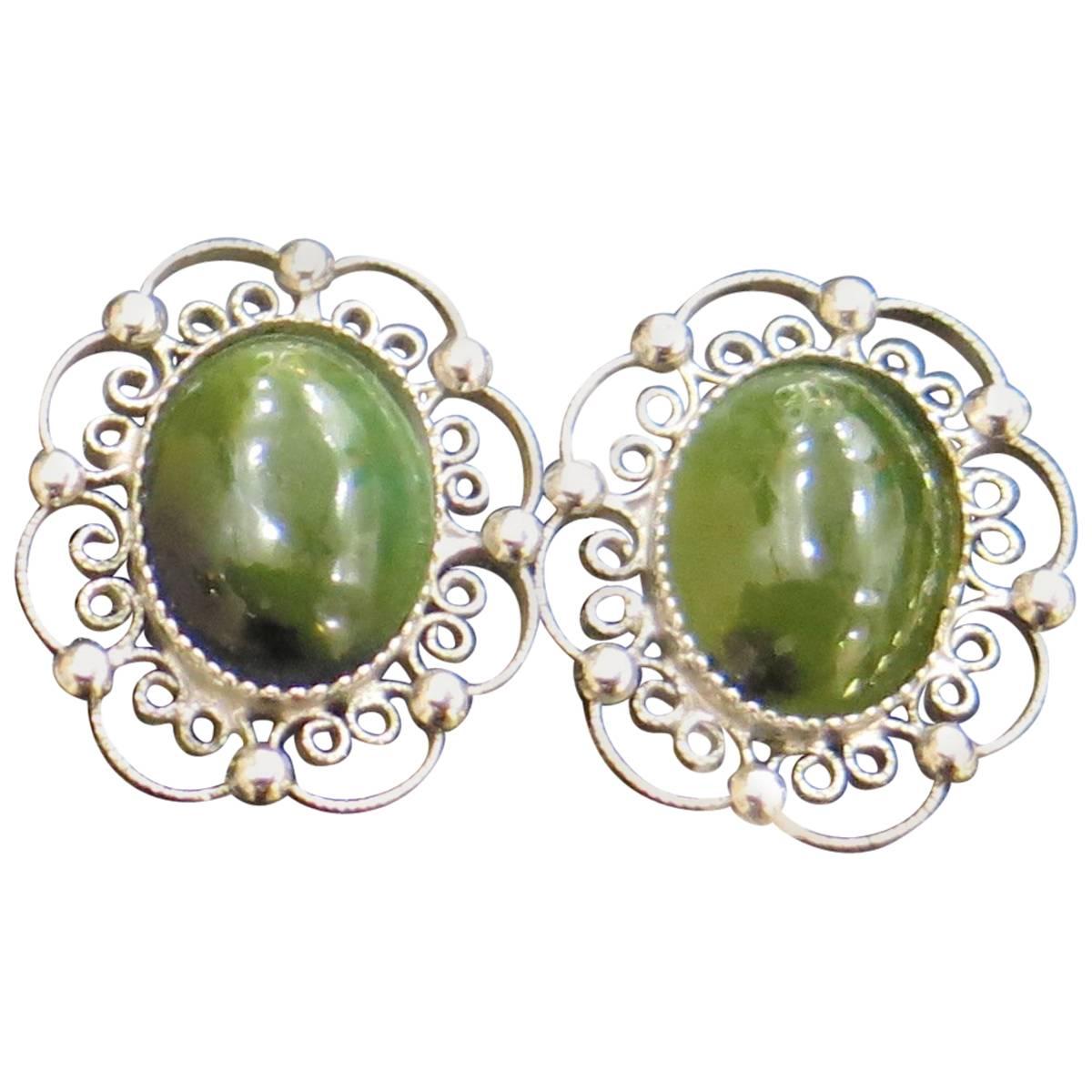 Sorrento Sterling and Jade Filagree Clip Earrings  For Sale