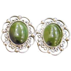 Sorrento Sterling and Jade Filagree Clip Earrings 