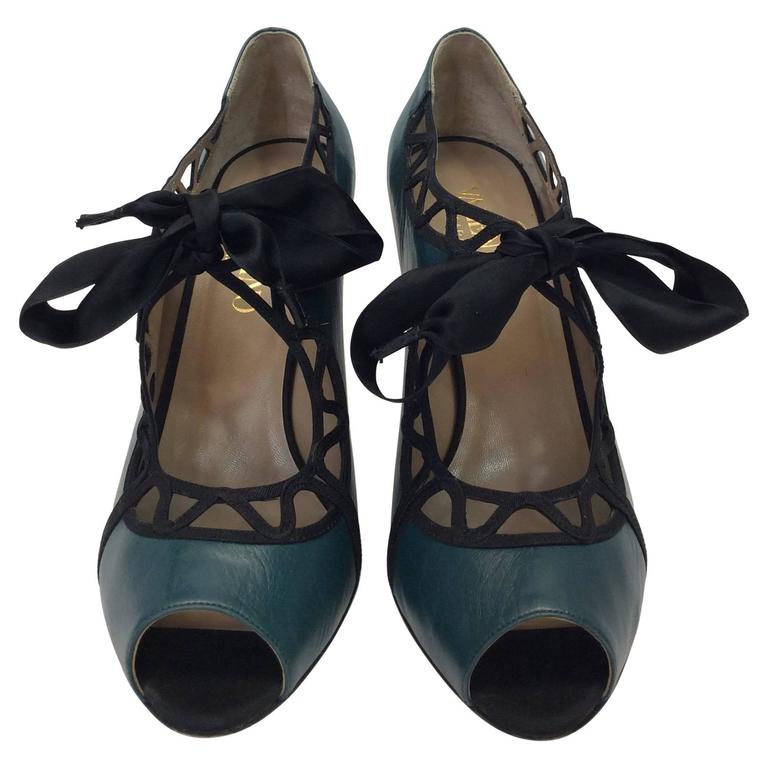 Valentino Teal Leather Lace Peep Toe Heels For Sale at 1stDibs