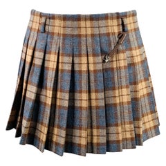PRADA Size 28 Blue Taupe Wool Plaid Pleated Mini Skirt