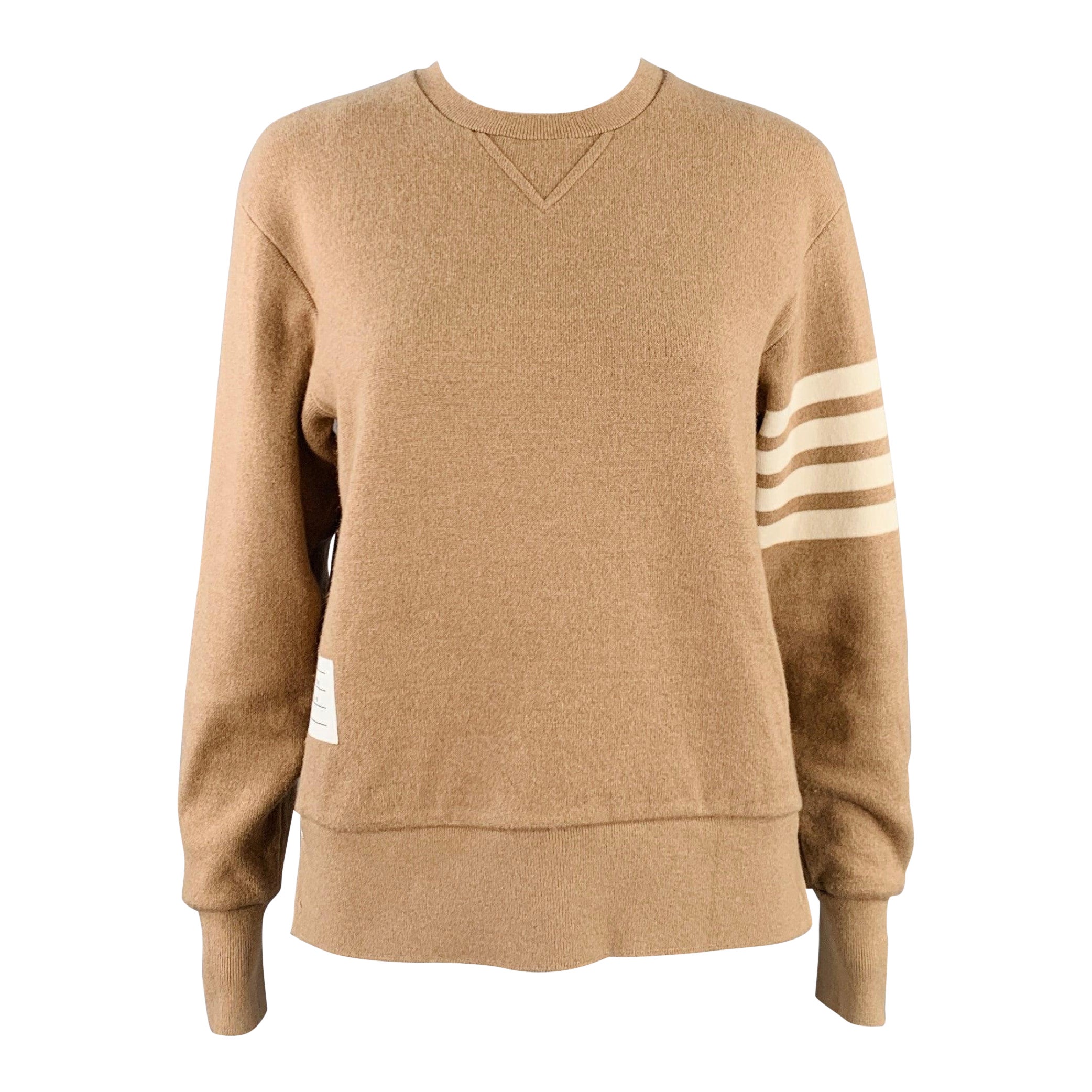 THOM BROWNE Size 2 Brown Cream Cashmere Blend Stripe Crew Neck Sweater