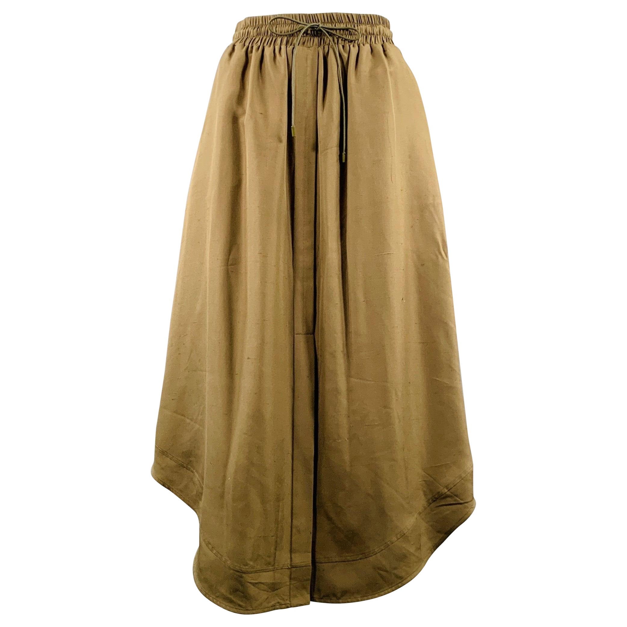LOEWE Size 4 Green Olive Silk Elastic Waistband Asymmetrical Hem Skirt For Sale
