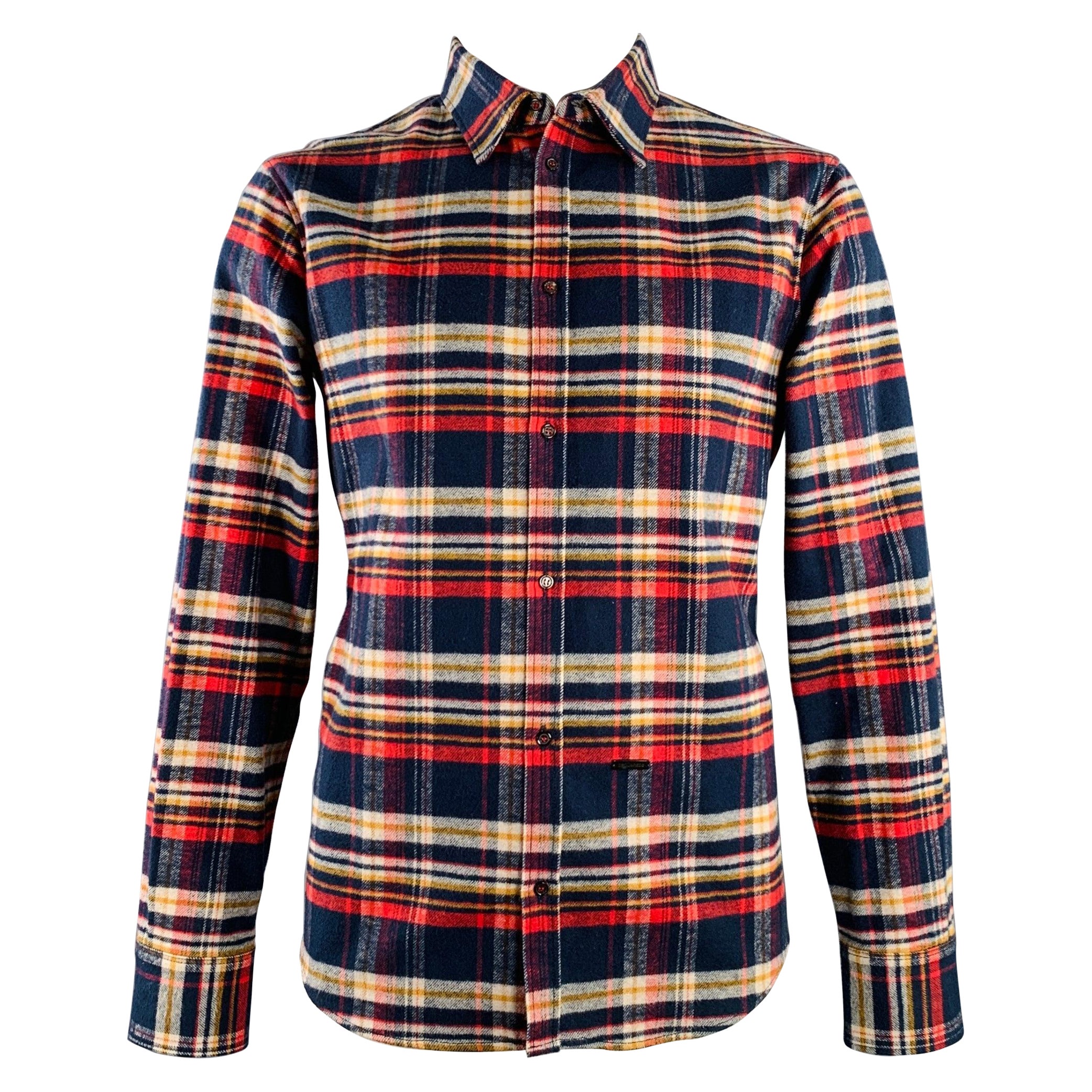 DSQUARED2 Size XL Navy Red Yellow Plaid Cotton Button Up Long Sleeve Shirt For Sale