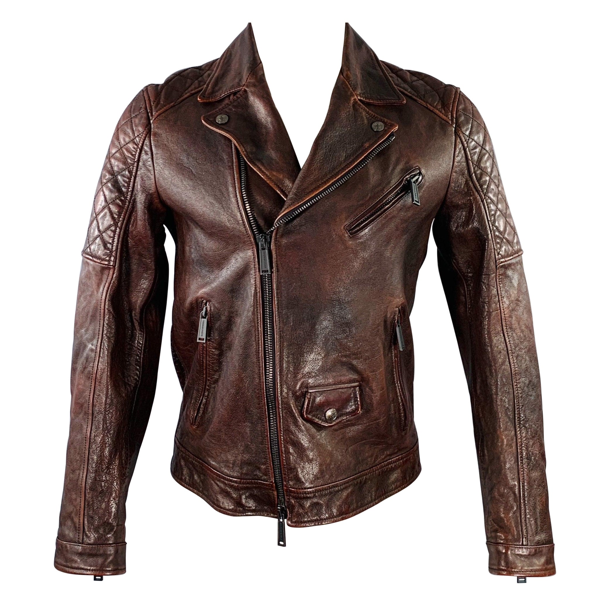 DSQUARED2 Size 40 Brown Distressed Leather Slim Fit Biker Jacket For Sale