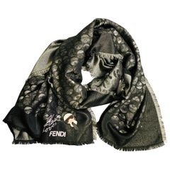 FENDI x KARL LAGERFELD Karl Lover Silver Black Silk Wool Scarf Shawl