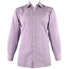 CHARVET Size L White Lavender Stripe Cotton Curved Cutaway Long Sleeve Shirt
