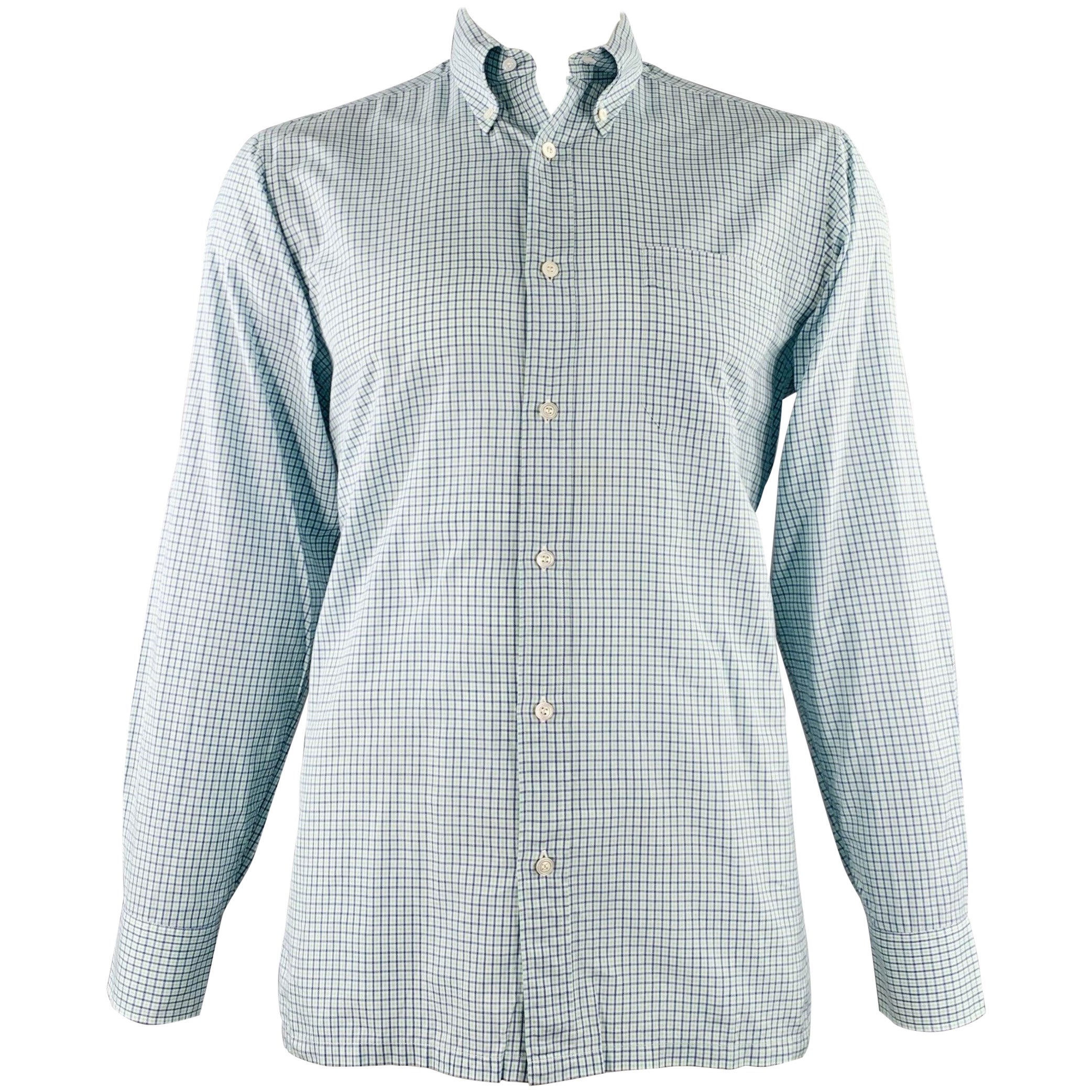 CHARVET Size M/L White Blue Green Checkered Cotton Long Sleeve Shirt For Sale
