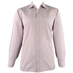 CHARVET Size L Blue Red Yellow Stripe Cotton Curved Cutaway Long Sleeve Shirt