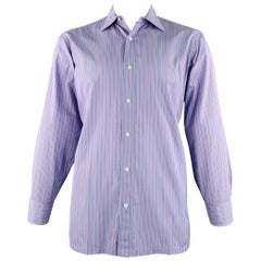 CHARVET Size L Blue Pink Stripe Cotton Curved Cutaway Long Sleeve Shirt