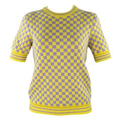 VERSACE Size S Yellow Lavender Wool Blend Checkered Crew Neck Casual Top