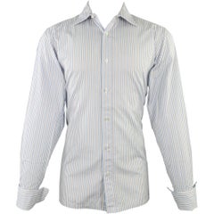 CHARVET Size M White Blue Grey Stripe Cotton Curved Cutaway Long Sleeve Shirt