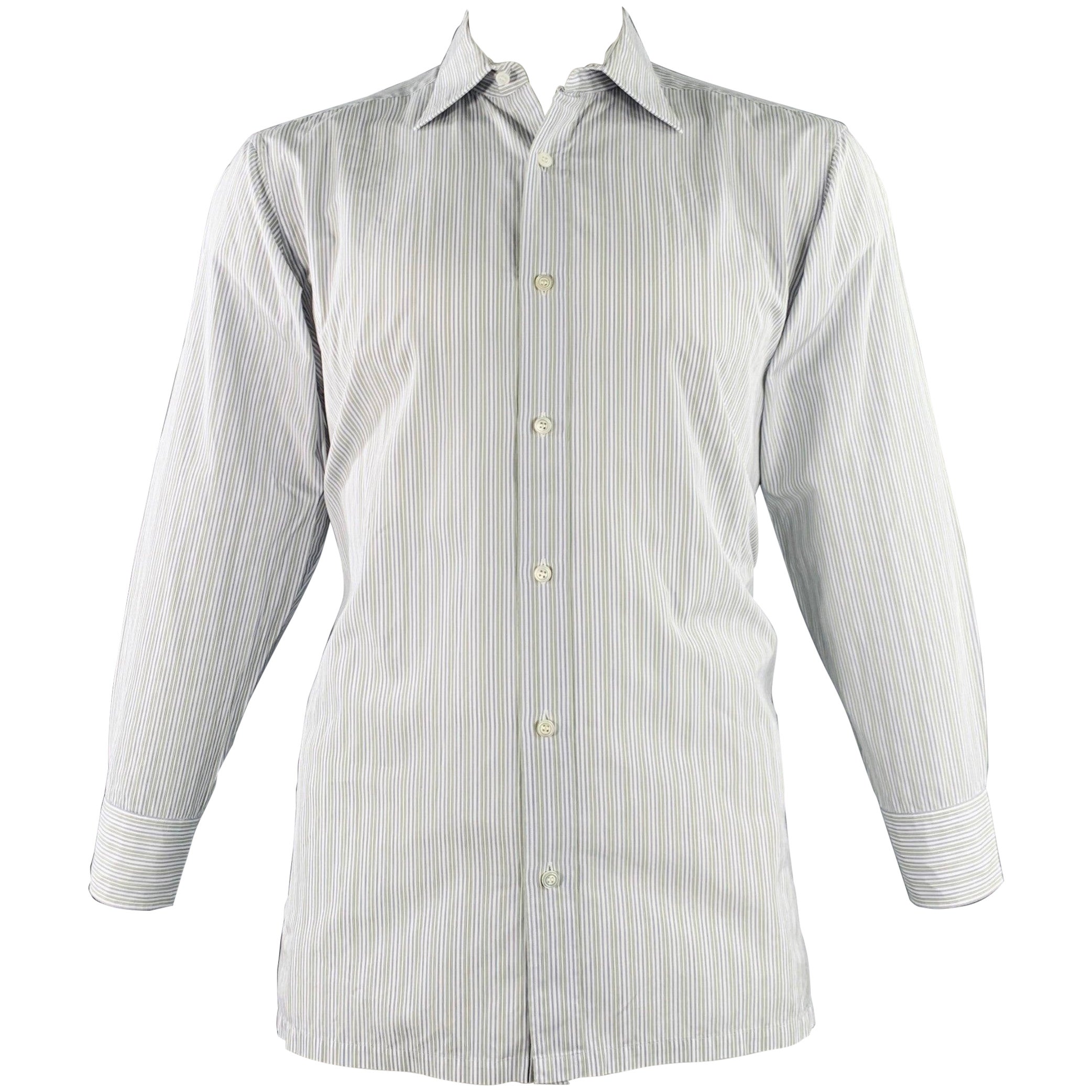CHARVET Size L White Navy Green Stripe Cotton Curved Cutaway Long Sleeve Shirt (Chemise à manches longues cintrées en coton) en vente